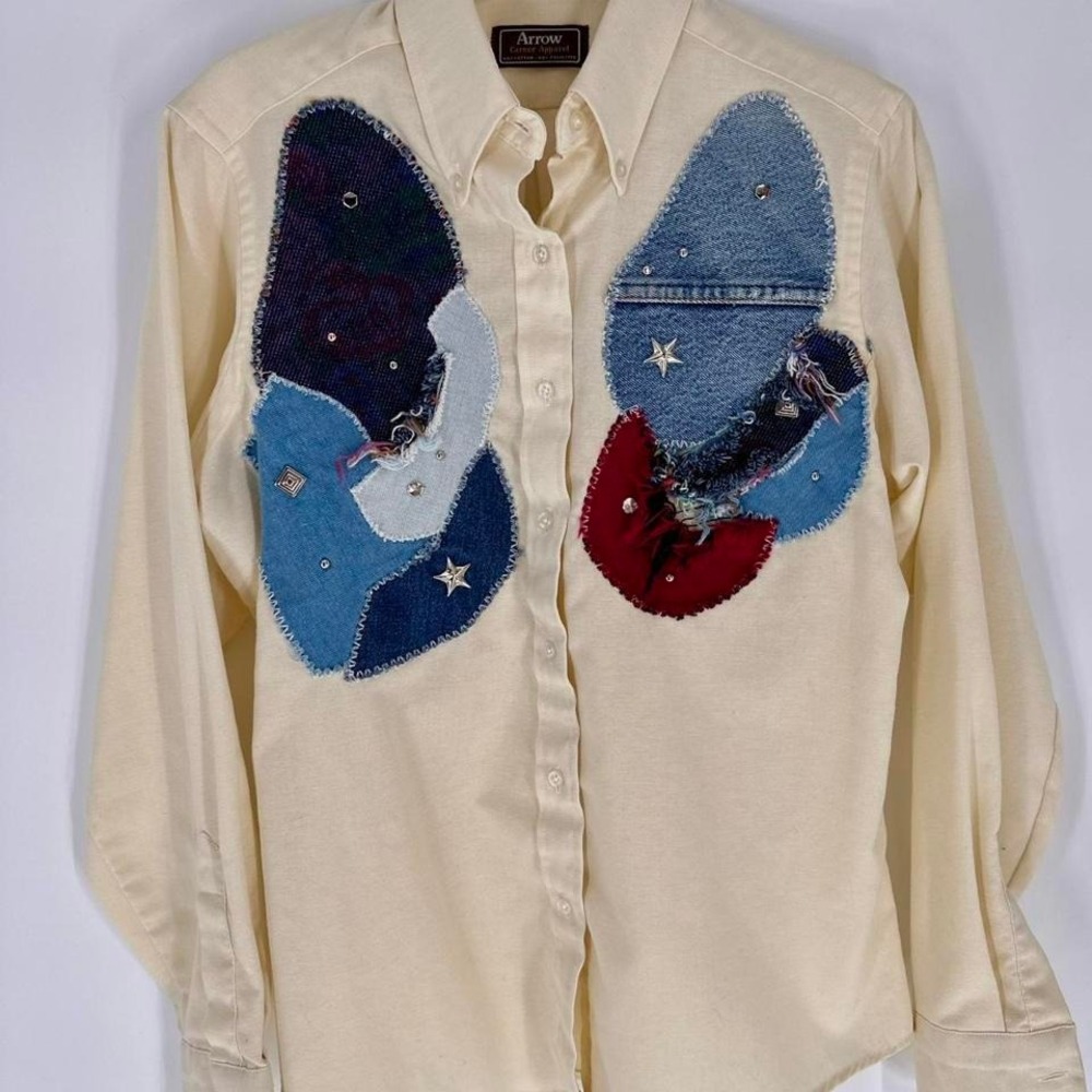 Arrow Western Cream Shirt with Denim and Red Accents Size 14